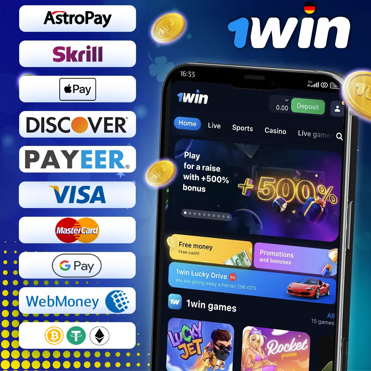 Wie kann ich Geld über die 1win App einzahlen?